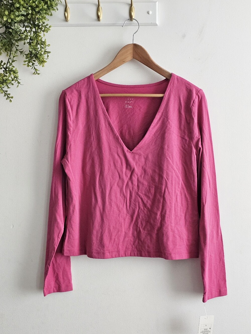 NWT A New Day Women's Pink V-Neck Long Sleeve Cotton Stretch Top Size Large L